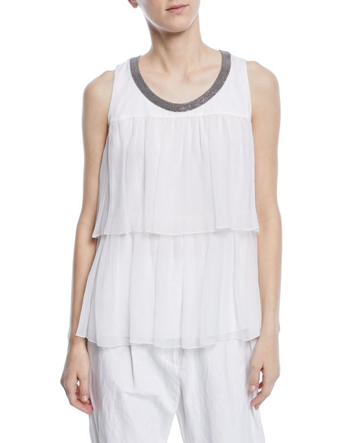 Sleeveless Tiered Crispy Silk Organza Top With