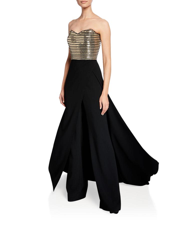 Strapless Metallic-bodice Skirted Jumpsuit