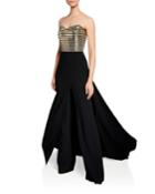 Strapless Metallic-bodice Skirted Jumpsuit