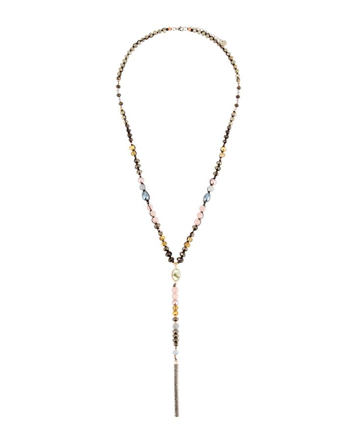 Pearl & Crystal Lariat Necklace, Gray