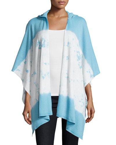 Cashmere Colorblocked Hooded Cape, Aqua Tie-dye