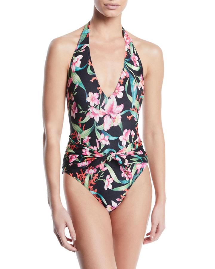 Tie-front Floral V-neck One-piece