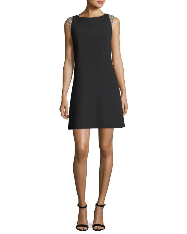 Bateau-neck Cap-sleeve Trapeze Crepe Cocktail Dress
