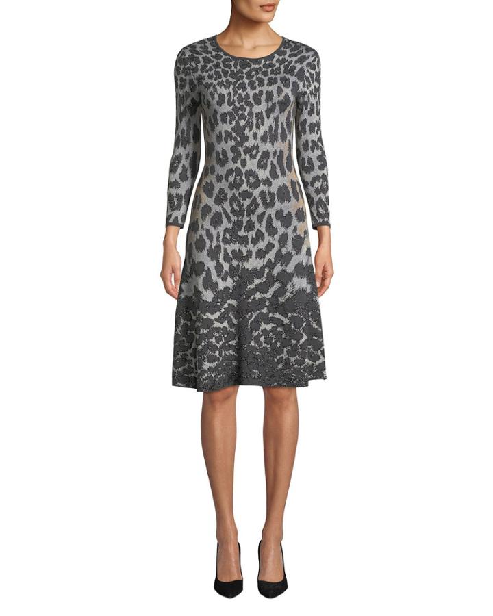 Flare Scoop-neck 3/4-sleeve Knee-length Animal-printed Dress