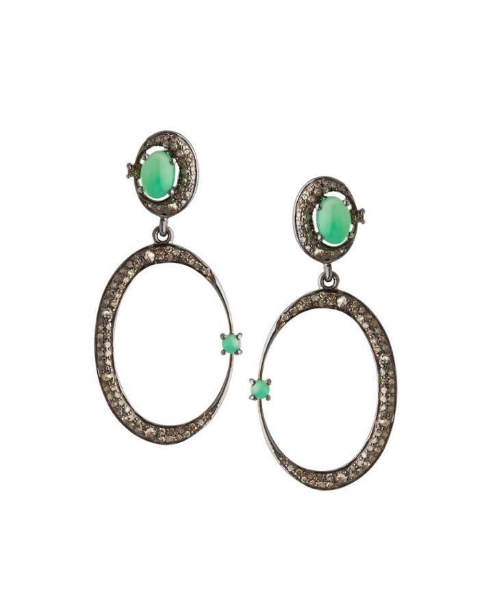 Silver 1/2-moon Drop Earrings With Chrysoprase & Diamonds