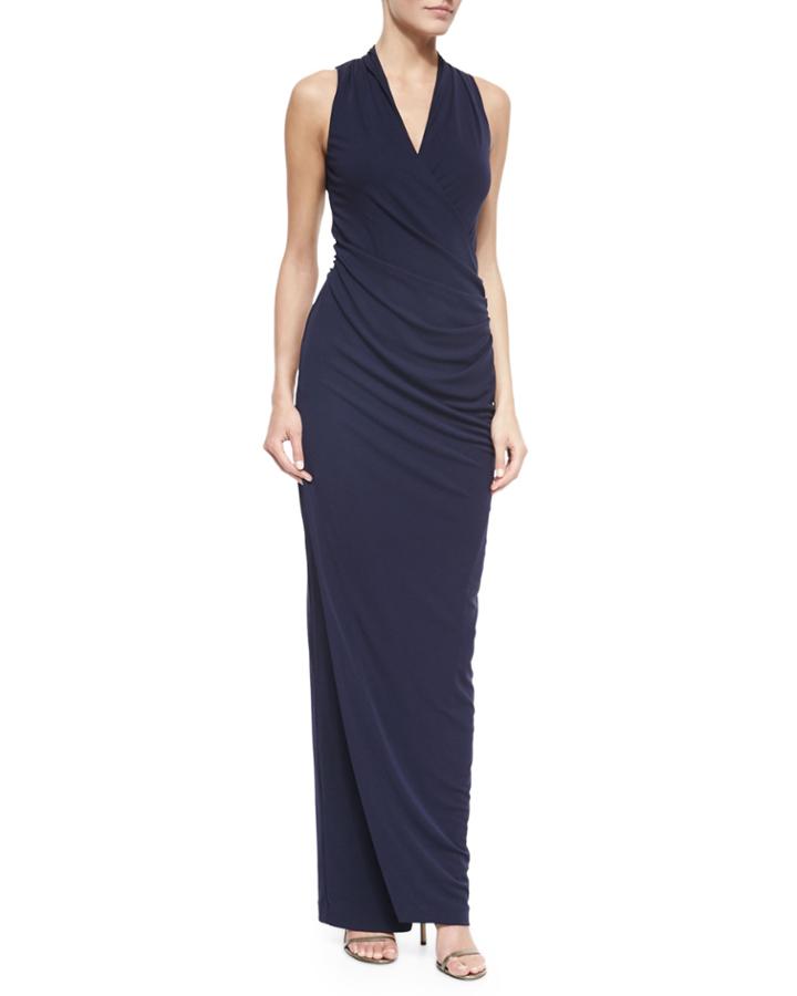 Sleeveless V-neck Jersey Gown, Navy