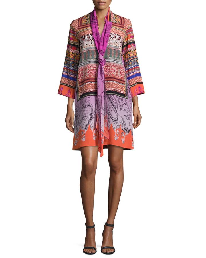 Printed Sash-neck Tunic Dress,