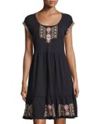 Short-sleeve Tiered Embroidered Dress, Black