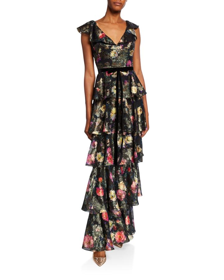 Metallic Printed V-neck Sleeveless Tiered Fil Coupe Ruffle Gown