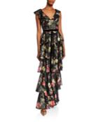 Metallic Printed V-neck Sleeveless Tiered Fil Coupe Ruffle Gown