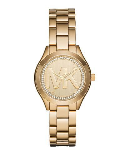 33mm Mini Slim Runway Crystal Bracelet Watch, Golden