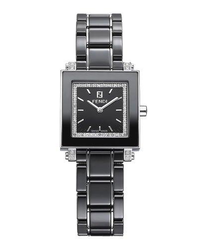 25mm Ceramic, Diamond & Stainless Steel Square Watch, Black