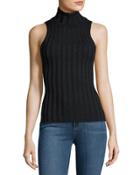 Ribbed Metallic Turtleneck Top, Black