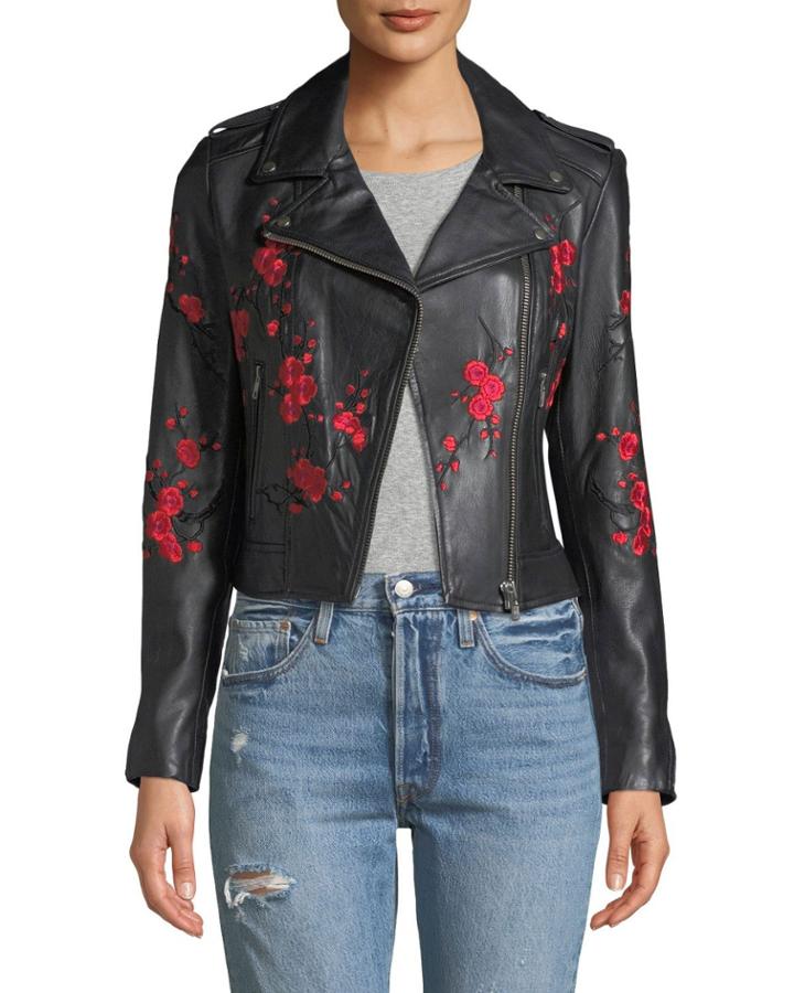 Floral Embroidered Leather Biker Jacket