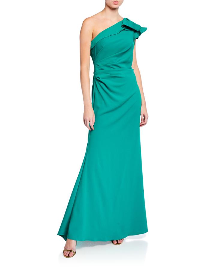 One Shoulder Ruffled Crepe Gown