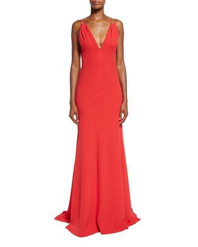 Sleeveless Double-strap Jersey Gown, Red