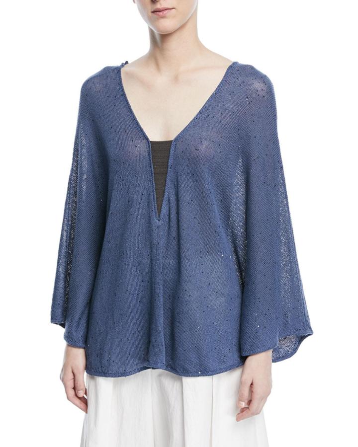 V-neck Long-sleeve Linen-silk Paillette Capelet With
