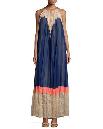 Pleated Woven Halter Maxi Dress, Blue