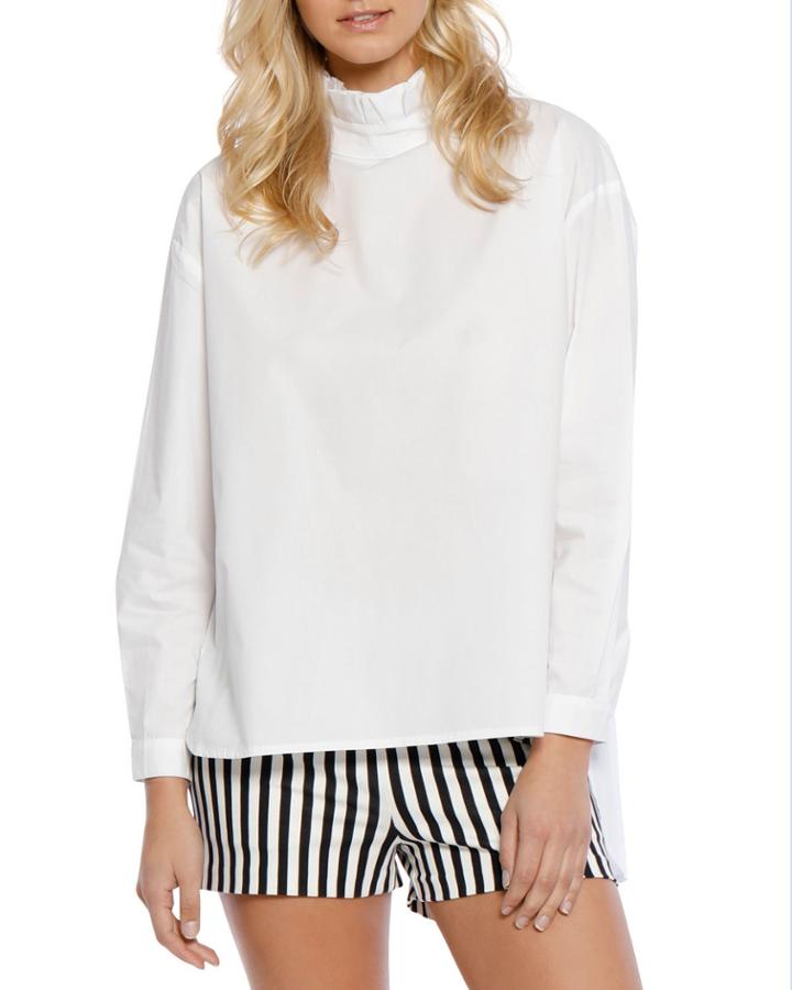 Anderson Mock-neck Long-sleeve Button-back Cotton Top