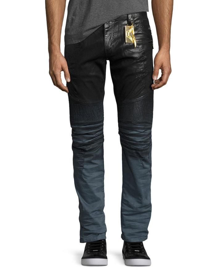 Dip-dye Coated Skinny Moto Jeans, Black/blue