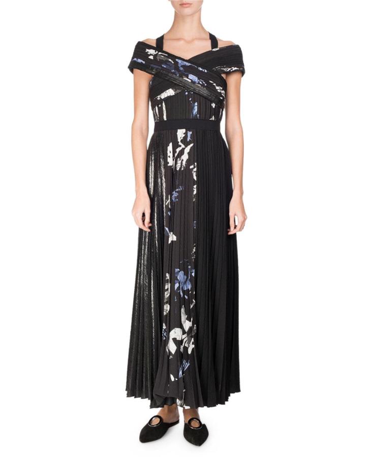 Long Pleated Floral-print Dress,