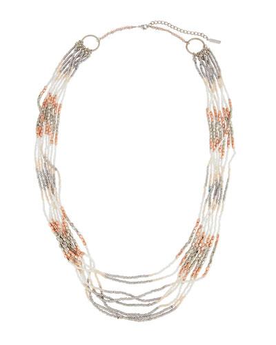 Layered Multi-strand Beaded Necklace, White/silver/multi