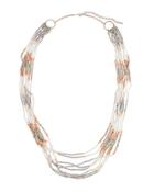 Layered Multi-strand Beaded Necklace, White/silver/multi