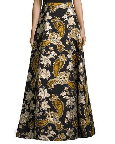 Paisley Embroidered Ball Skirt, Black/gold
