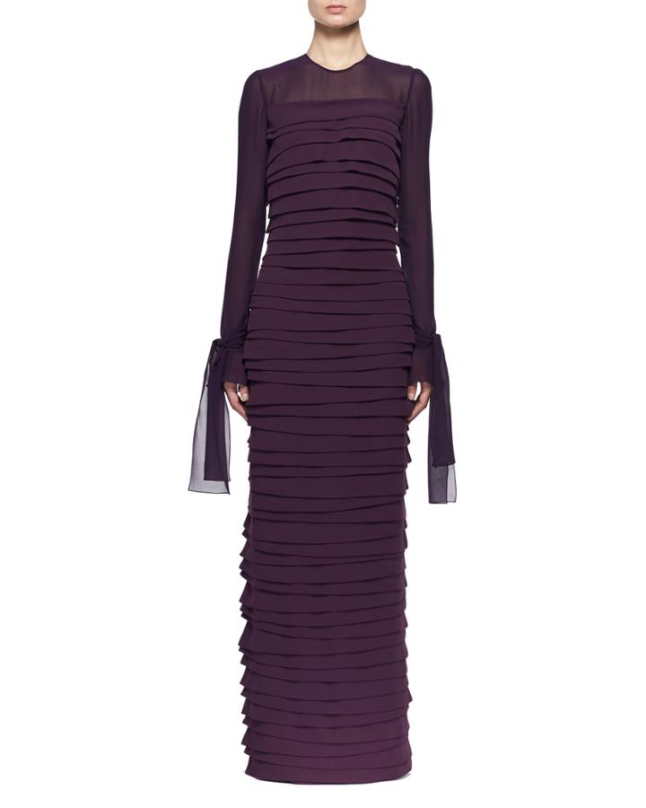 Long-sleeve Pleated Chiffon Gown