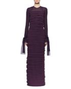 Long-sleeve Pleated Chiffon Gown