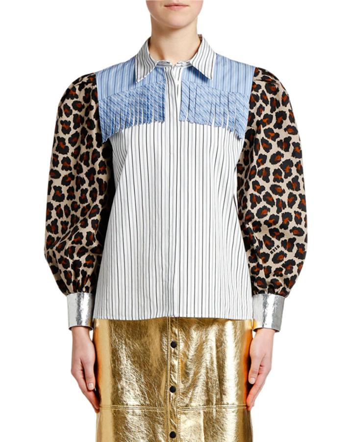 Printed Puff-sleeve Fringe Blouse