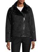 Faux-shearling Faux-suede Moto Jacket, Black