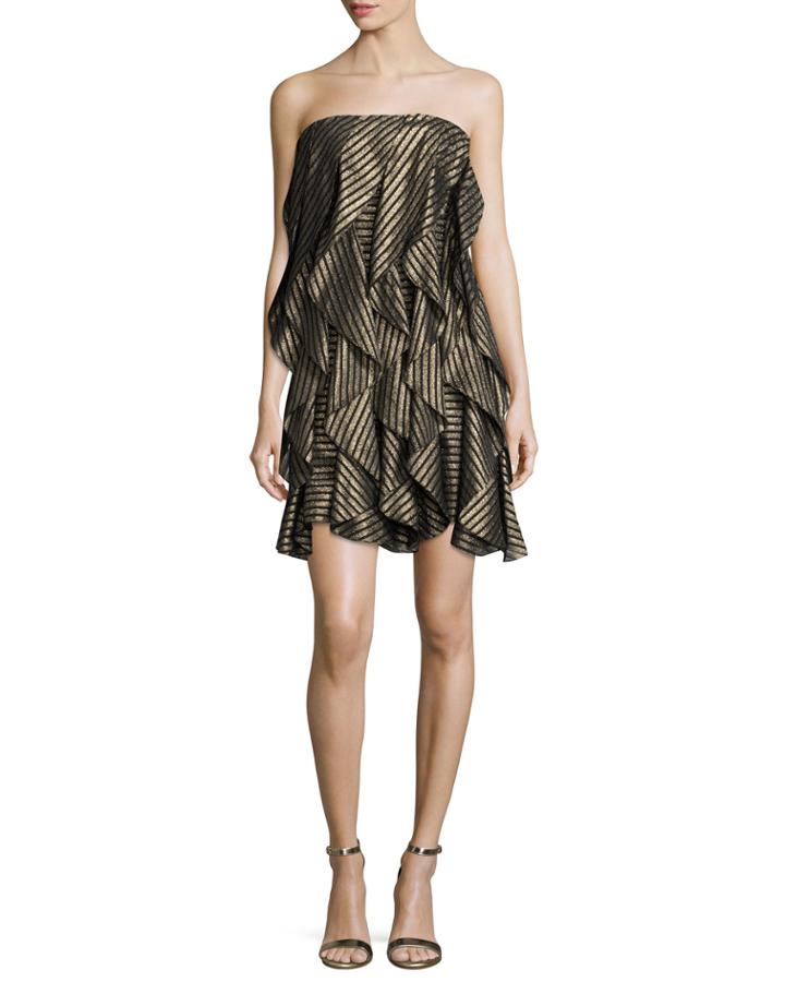 Strapless Striped Metallic Flounce Cocktail Dress