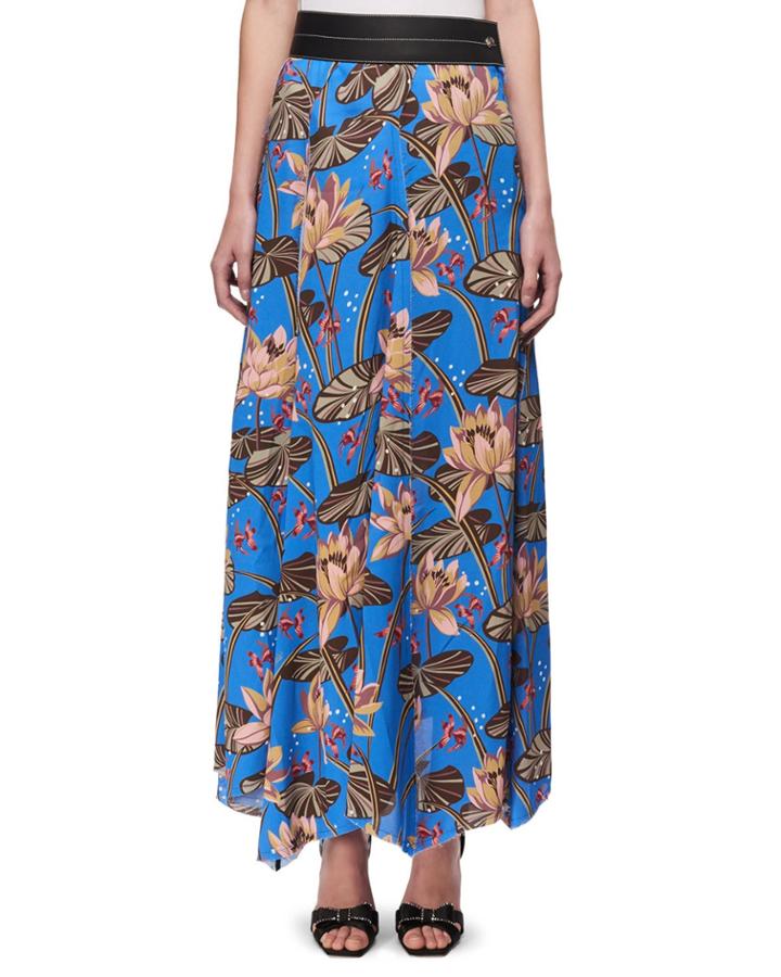 Floral-print Maxi Skirt W/leather Waist, Blue Pattern
