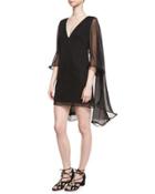 Silk Chiffon V-neck Cape Dress, Black