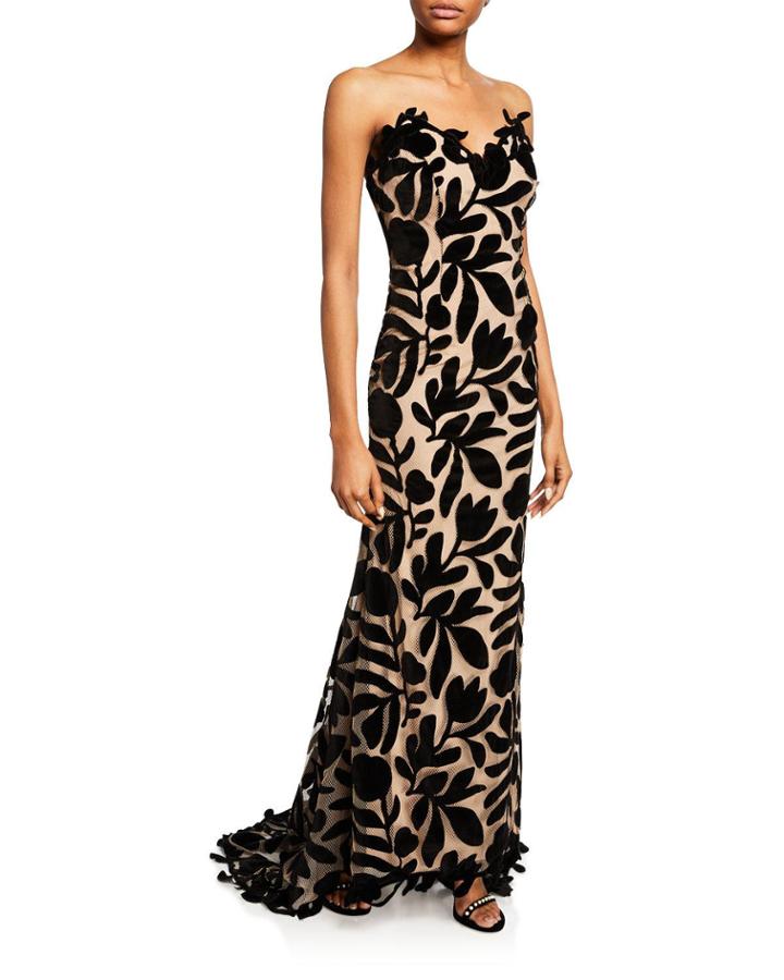 Floral Lace Strapless Column Gown