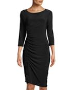 Side-drawstring Jewel-neck 3/4-sleeve Body-con Jersey Dress