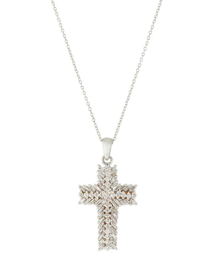 14k White Gold Diamond Cross Pendant Necklace