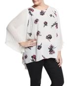 Floral Signature Pleated-sleeve Blouse, Ivory,