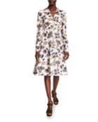 Pop-flower Tie-neck Long-sleeve Dress