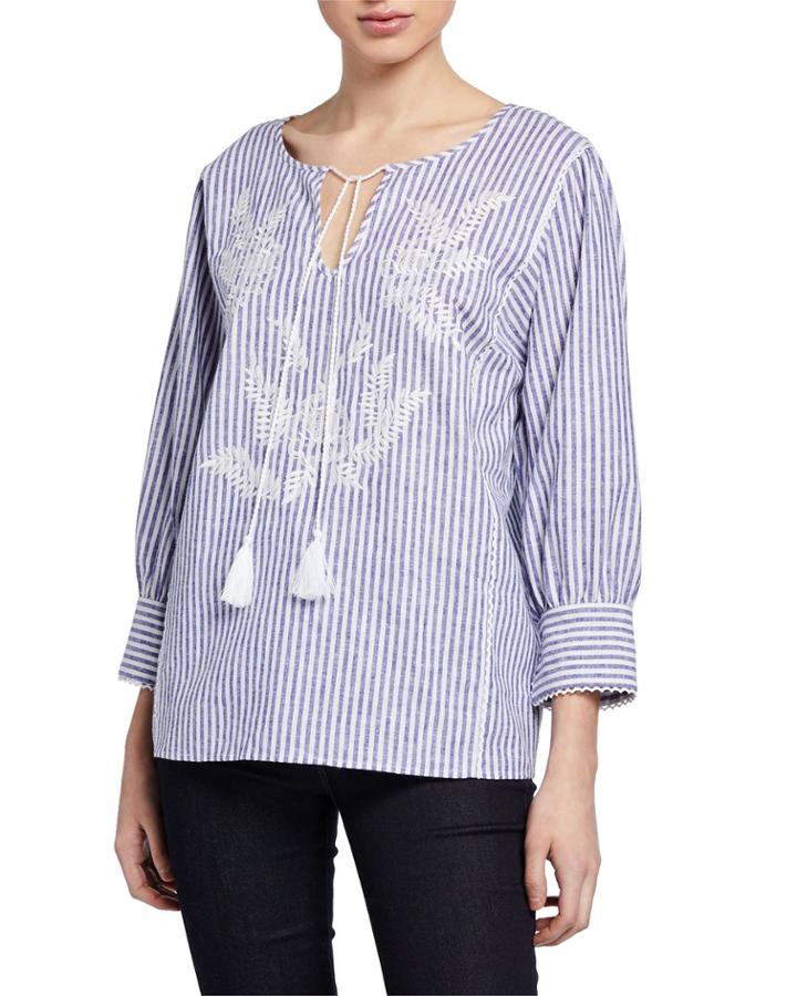 Striped & Embroidered Tassel Blouse