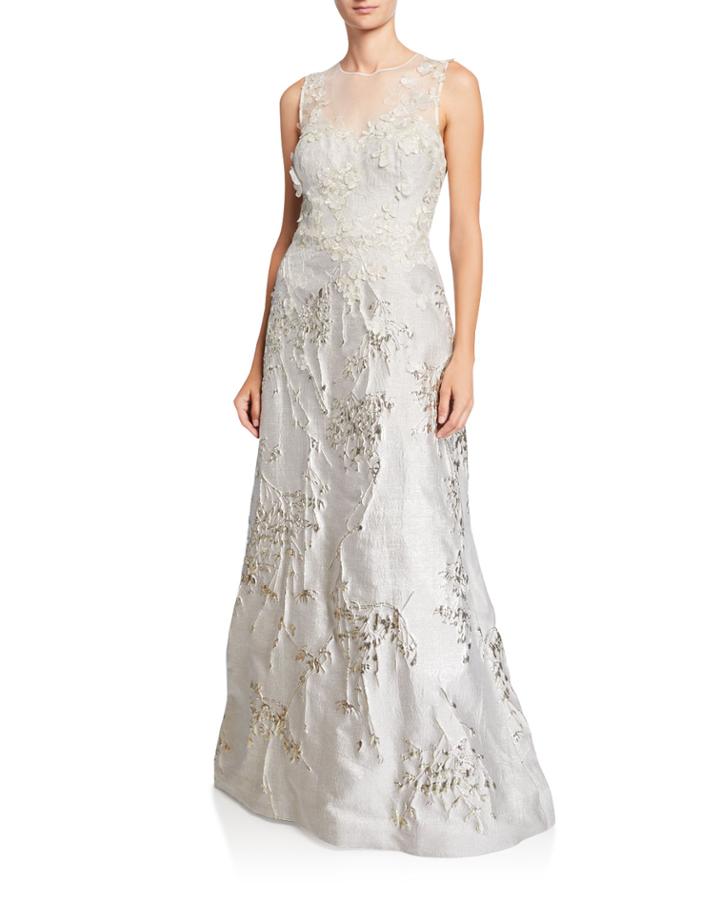 Mesh-yoke 3d Flower Jacquard Gown