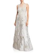 Mesh-yoke 3d Flower Jacquard Gown
