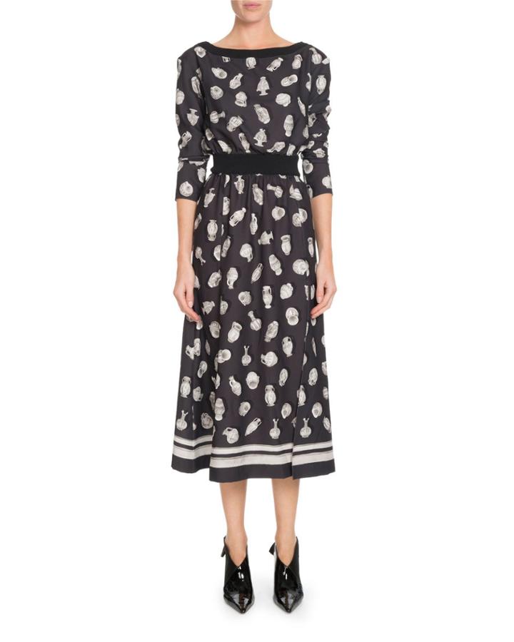 Paola Boat-neck Pottery-print A-line Midi Dress W/ Ribbed Trim