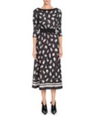 Paola Boat-neck Pottery-print A-line Midi Dress W/ Ribbed Trim
