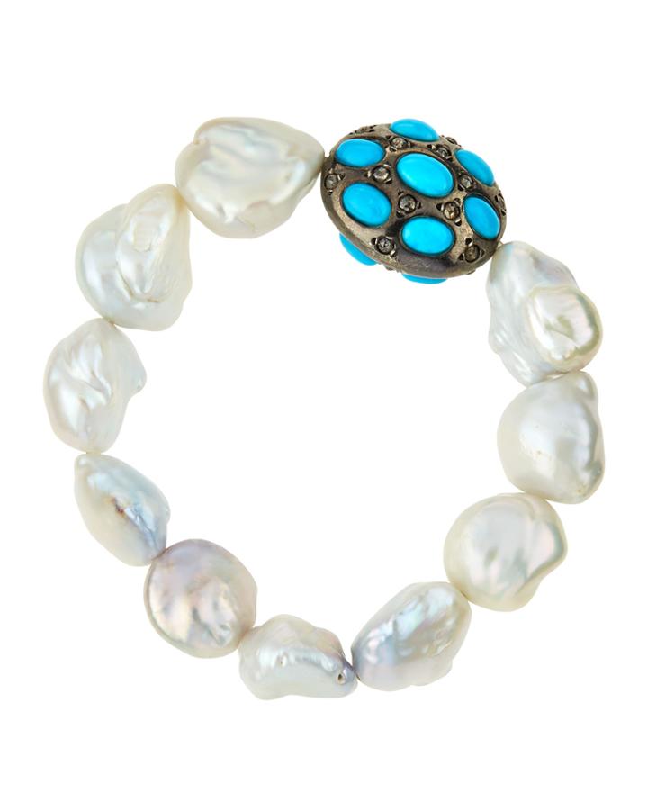 Bavna Freshwater Pearl, Turquoise & Diamond Stretch Bracelet, Women's