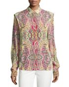 Mosaic-print Long-sleeve Blouse, Yellow