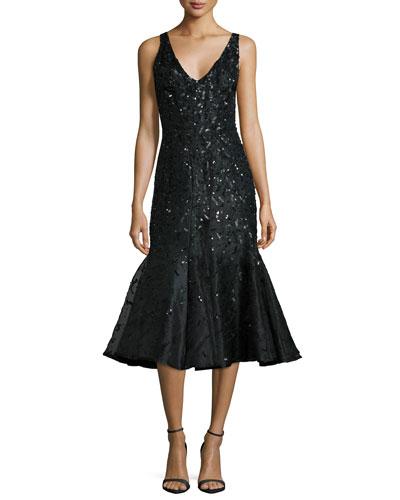 Acacia Embellished Fluted Dress, Black
