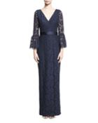 Bell-sleeve Floral Lace Column Gown, Navy
