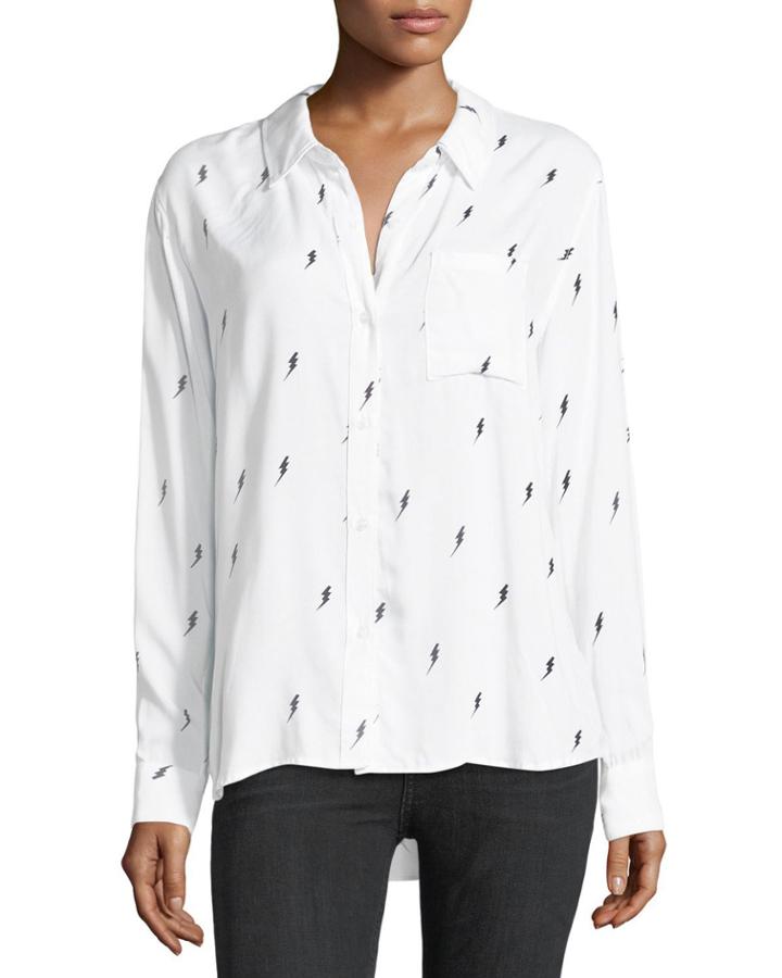 Rocsi Button-front Single-pocket Shirt W/ Lightning Bolt Print